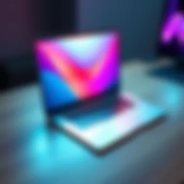 A modern laptop with a clean design placed on a wooden desk, showing its keyboard and screen with a bright display.