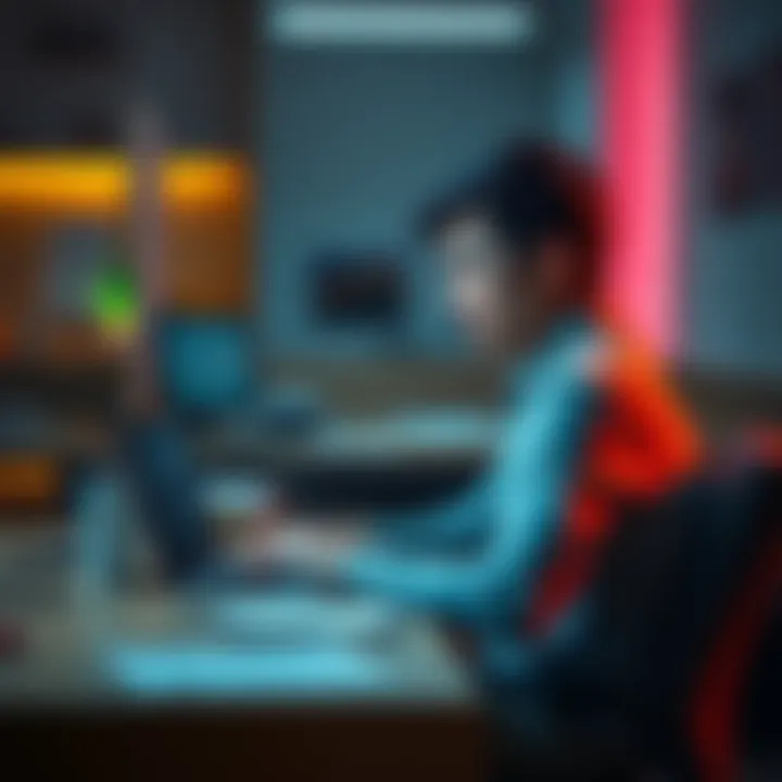 A frustrated person sitting at a desk with a laptop, waiting for a page to load while looking at the spinning loading icon.