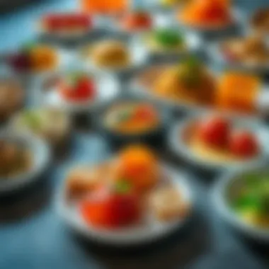 An assortment of small, colorful plates showcasing various culinary flavors and textures