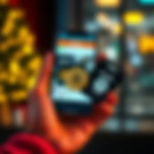 A person holding a smartphone displaying a Bitcoin wallet with small balances, alongside gift cards for Amazon and Spotify