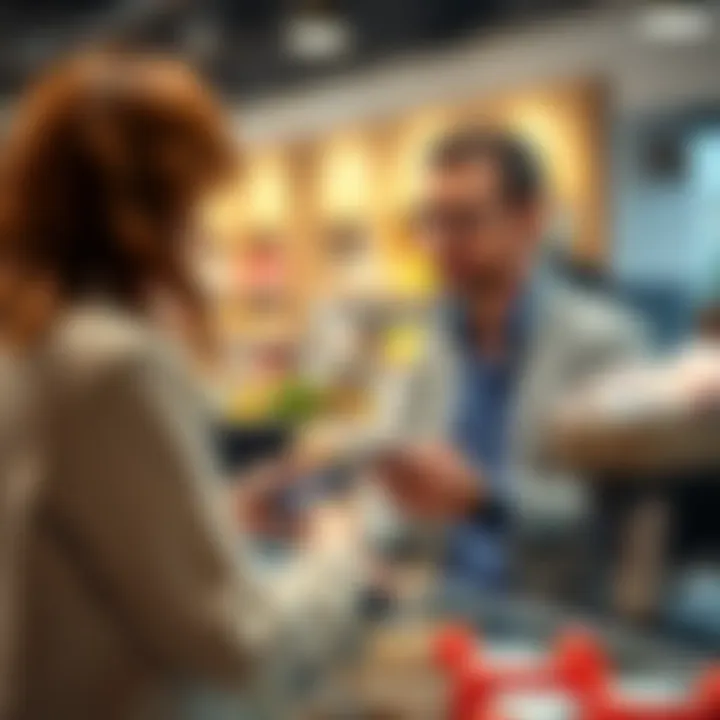 A small business owner uses a mobile device to accept a Litecoin payment from a customer at the register.