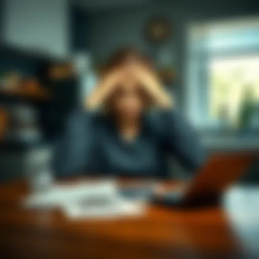 A small business owner sitting at a kitchen table, with bills and a calculator in front of her, looking stressed while holding her head in her hands