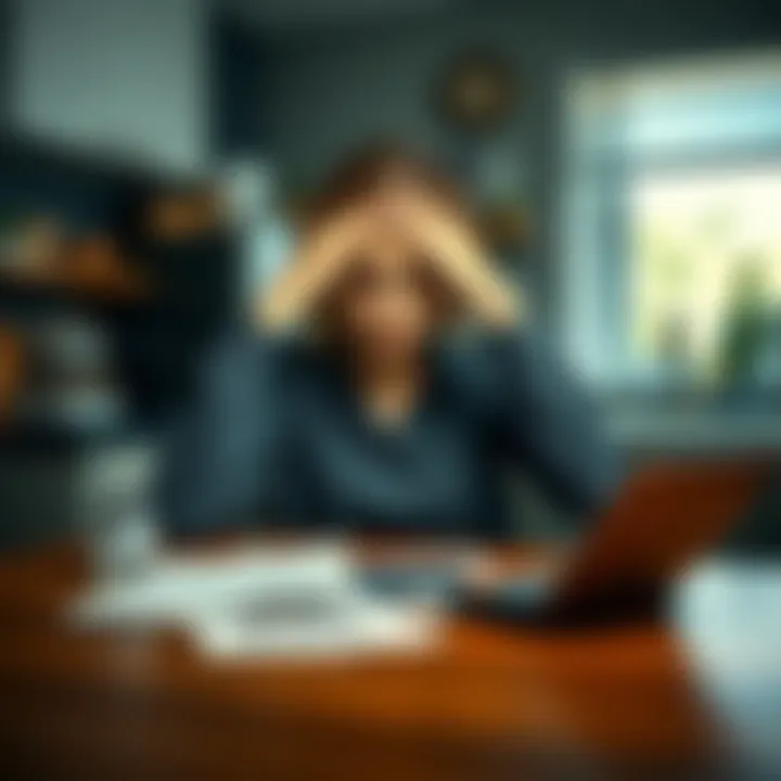 Small business owner looking worried A small business owner sitting at a kitchen table, with bills and a calculator in front of her, looking stressed while holding her head in her hands