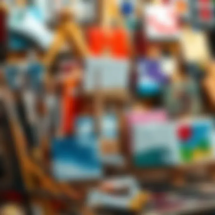 A collection of small canvases displayed with paintbrushes and tubes of paint, showcasing various artistic styles and colors.