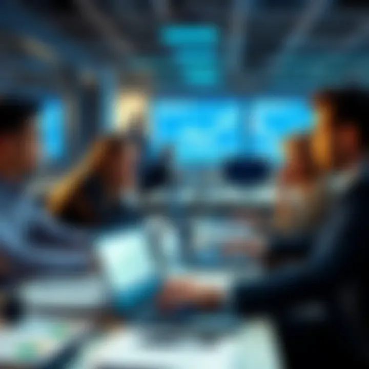 A group of investors analyzing small cap stock trends on laptops and charts at a busy office