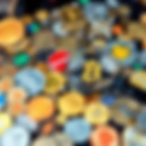A collage of various cryptocurrency symbols, showcasing lesser-known coins, with a magnifying glass highlighting one of them, representing exploration of small crypto projects.