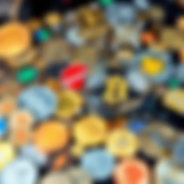 A collage of various cryptocurrency symbols, showcasing lesser-known coins, with a magnifying glass highlighting one of them, representing exploration of small crypto projects.