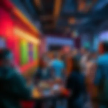 A cozy group of people networking at a small NFT event with food and drinks
