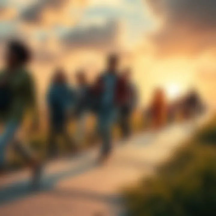 A group of diverse people taking small steps on a path, symbolizing the journey toward achieving their dreams.