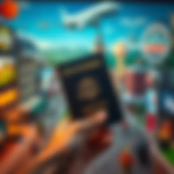 A player holds a passport from a small town in Tennessee, surrounded by game graphics and community symbols.