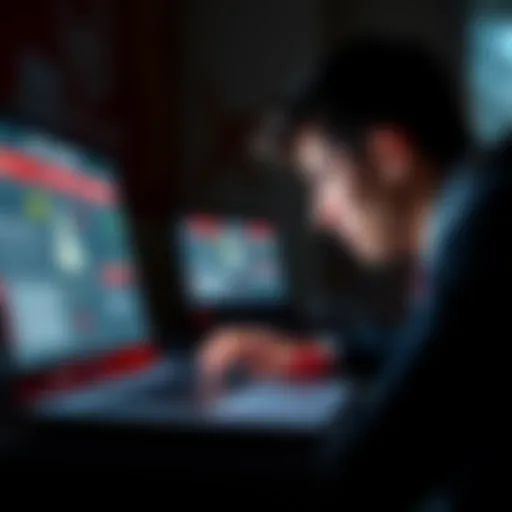 A person looking at a laptop screen displaying warning signs of smart contract scams, such as red flags and alerts.