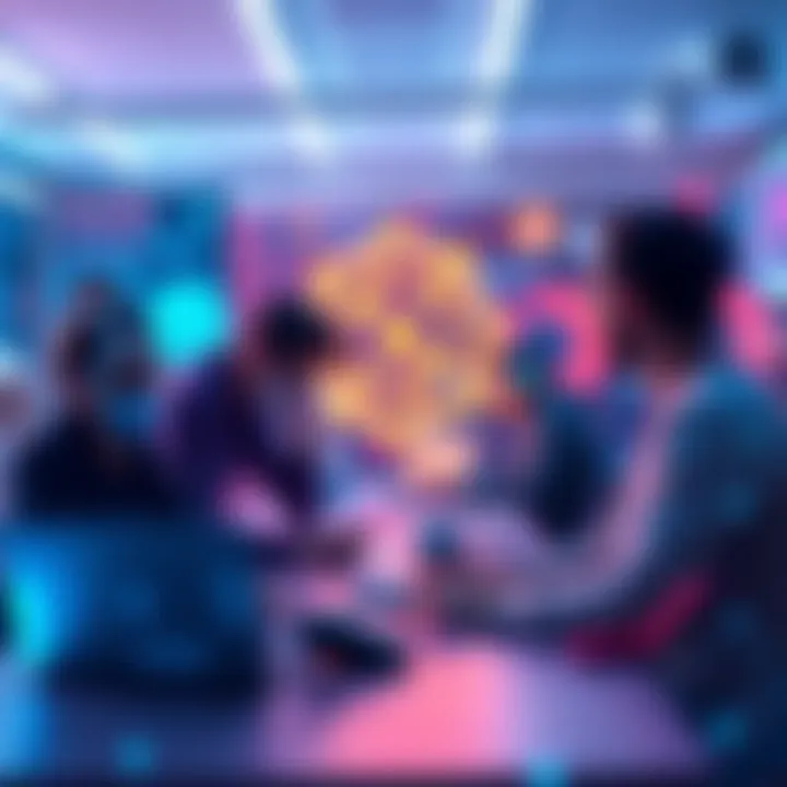 A visual representation of people collaborating on smart contract development in a digital workspace, with AI and blockchain symbols in the background.