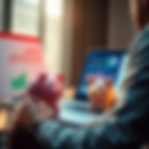 A person looking at a laptop with charts and savings plans on the screen while holding a piggy bank.