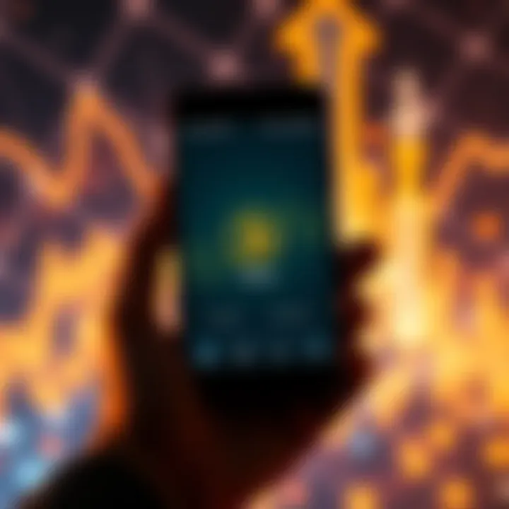 A person holding a smartphone displaying a mining app, with digital currency graphics in the background.