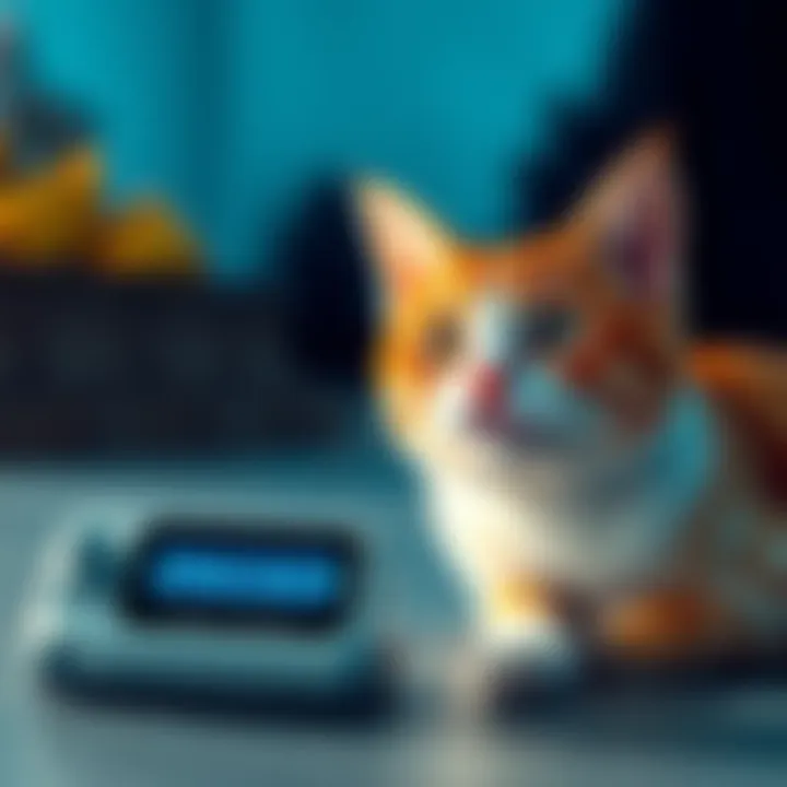 A sleek, modern tool labeled 'Smasher' designed for engaging cats, placed next to a curious cat staring at it