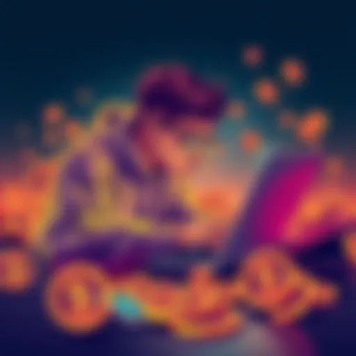 An illustration of a person coding a token minting program on a laptop with colorful tokens around