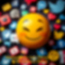 Smirking Emoji A close-up of the smirking emoji with a playful expression, surrounded by various social media icons and speech bubbles.