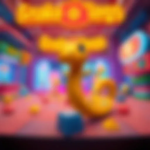 A vibrant scene showing a snake-like character in a colorful game environment, representing the Snake o’legs game. The character is transforming steps into moves as players interact with the game. 