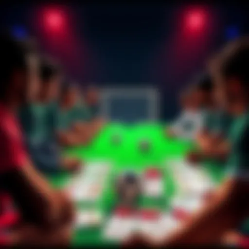 A group of people discussing soccer strategies over a table with player cards and statistics spread out