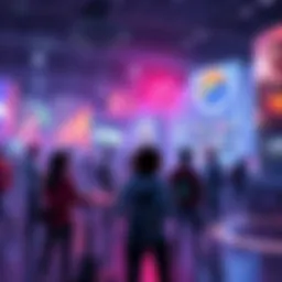 A vibrant gaming scene in Atlas Earth showing player interactions with friend lists and a comment feed.