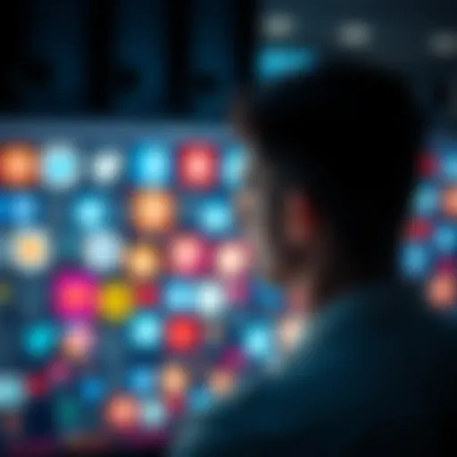 A person looking at multiple social media logos on a screen, symbolizing the idea of renting digital identities.