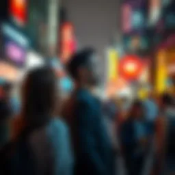 A group of diverse people discussing societal changes in a busy urban environment, reflecting on the future.