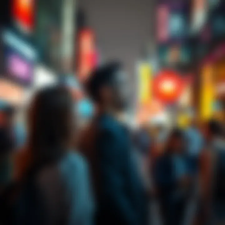 A group of diverse people discussing societal changes in a busy urban environment, reflecting on the future.