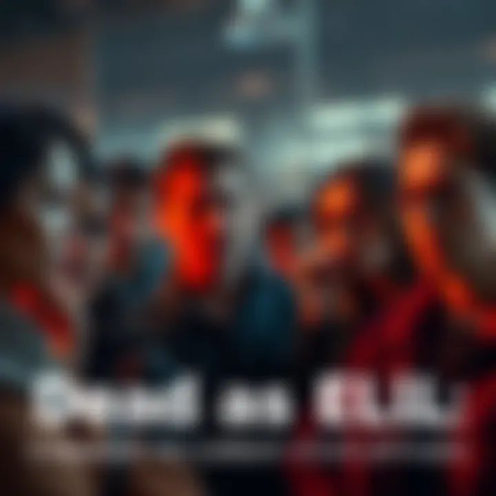 Societal Challenges A group of people looking concerned while discussing issues around them, reflecting societal challenges.