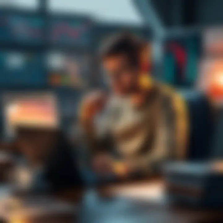 A software engineer sitting at a desk with a laptop, looking thoughtful about his Bitcoin investment, surrounded by charts and financial news articles, with a cup of coffee nearby.