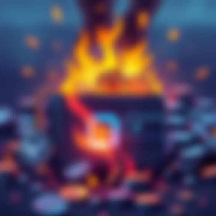 Illustration of a digital wallet with tokens burning in flames, representing the Sol Incinerator process