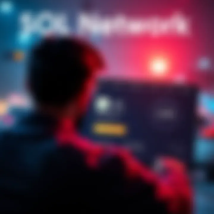 A graphic showing a frustrated person looking at a screen with loading symbols and a wallet icon, representing SOL network problems