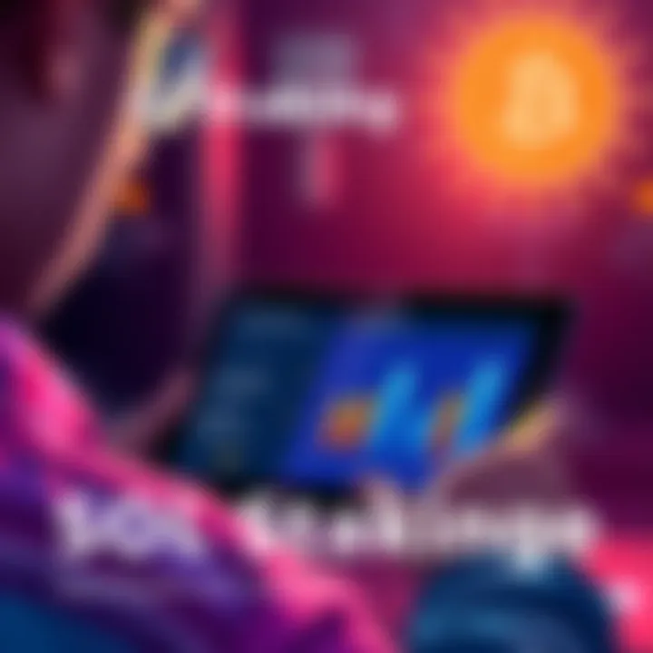 SOL Staking Guide An illustration of a person reviewing a tablet displaying staking options for SOL cryptocurrency, with bars showing potential yields.