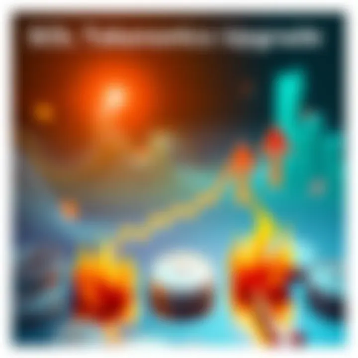 Representation of Solana's SOL tokenomics upgrade with upward arrows and burning tokens symbolizing reduced issuance and increased daily burns