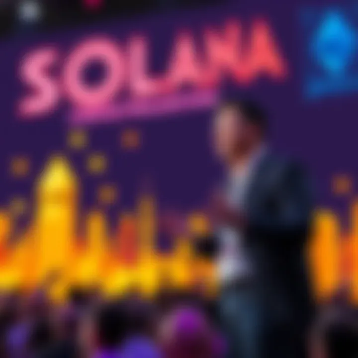 A co-founder of Solana discussing decentralization on stage, with a backdrop of blockchain graphics, highlighting Solana and Ethereum.