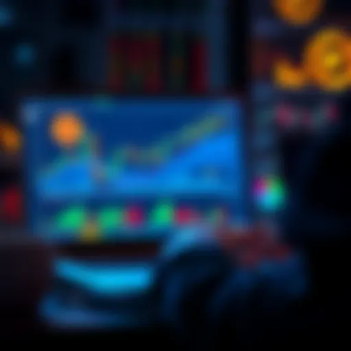 A person analyzing Solana cryptocurrency charts with a laptop, highlighting market trends and future projections.