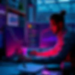 A developer working on code for a Solana blockchain project, surrounded by charts and technical documents.