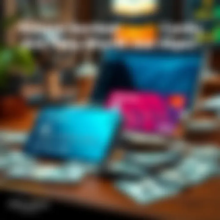 A collection of Solana-backed credit cards including Solcard and Redotpay displayed on a table with money and a laptop in the background.