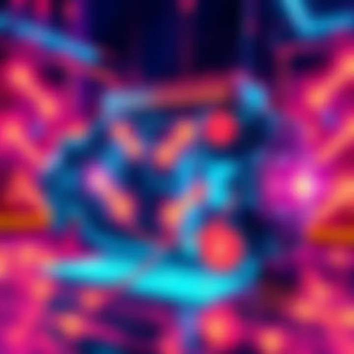 Illustration of a digital representation of Solana's custom execution engine with arrows indicating transaction flow and blockchain elements