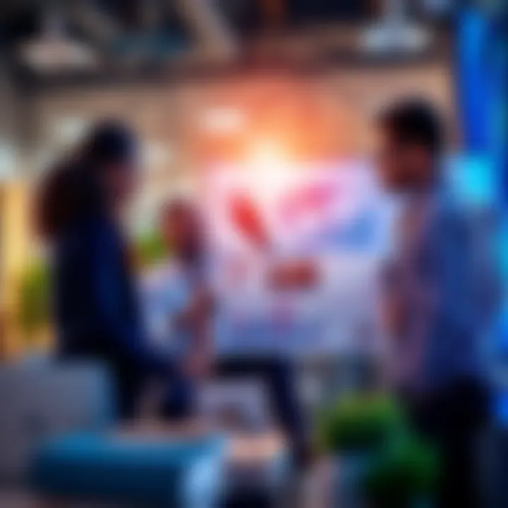 A group of diverse professionals collaborating on a digital project, showcasing charts and graphics related to decentralized applications.