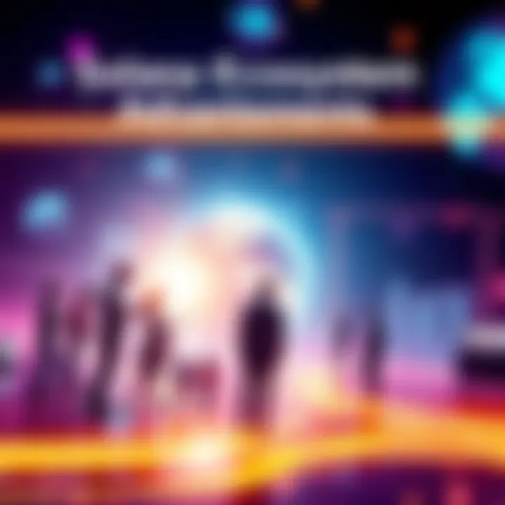 A visual representation of new tools and partnerships in the Solana ecosystem, showcasing developers collaborating and engaging with innovative technologies.