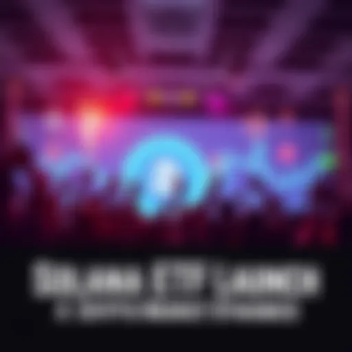 People celebrating the launch of the Solana ETF with graphs and charts in the background, showing market trends and excitement.