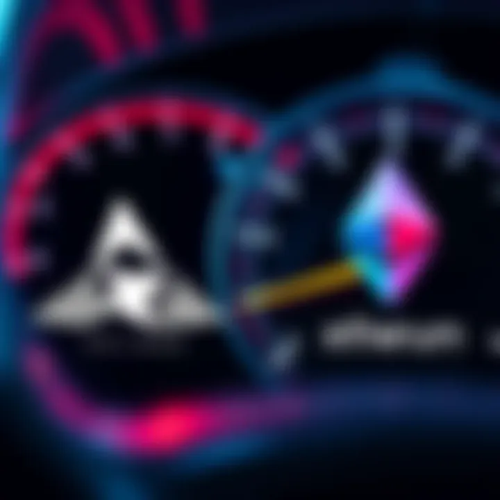 Logos of Solana and Ethereum next to a speedometer showing fast speed, symbolizing transaction efficiency