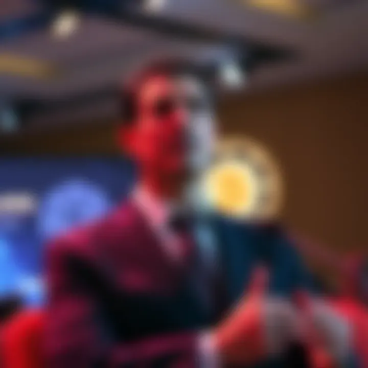 A confident man in a suit speaks at a conference about the future of crypto gaming, with a Solana logo in the background.