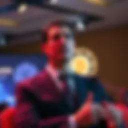 Solana Foundation President Discussing Crypto Gaming A confident man in a suit speaks at a conference about the future of crypto gaming, with a Solana logo in the background.