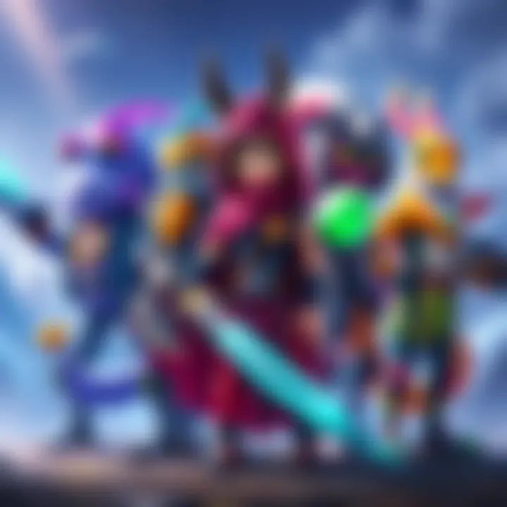 A group of vibrant game characters from various Solana games standing together, showcasing their unique designs and abilities, ready for adventure.