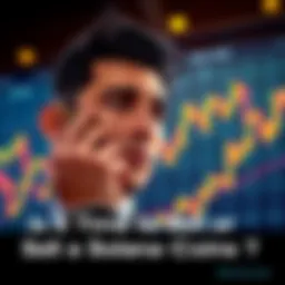 Solana Coin Investment Decision A person contemplating whether to sell or hold Solana coins, with a chart showing market volatility in the background.