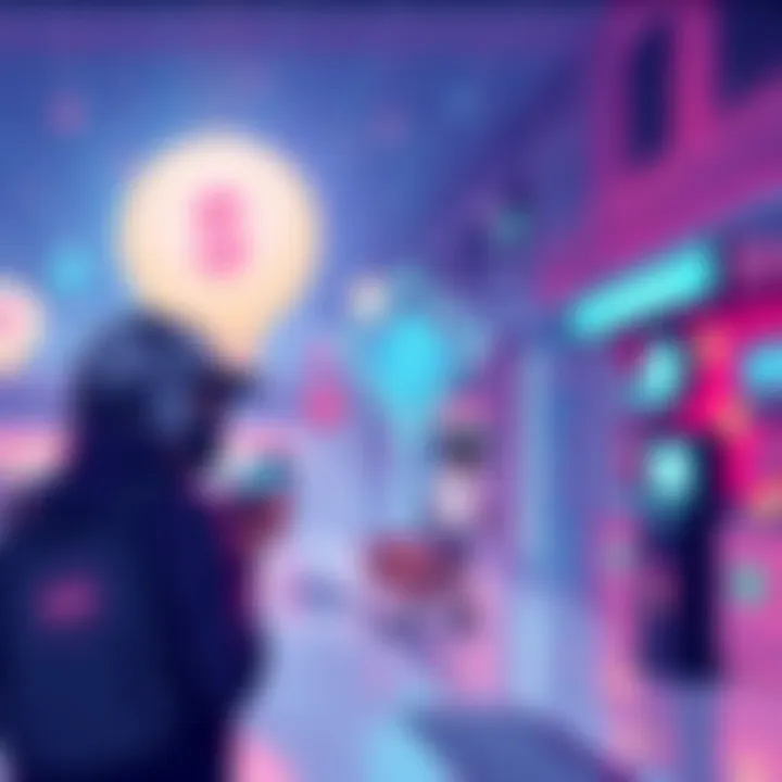 A digital illustration showing the Solana marketplace with creators and buyers exchanging digital assets.