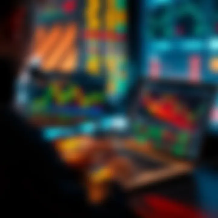 A person analyzing Solana meme coins on a laptop, with charts and graphs displayed, showing market trends and trading strategies.