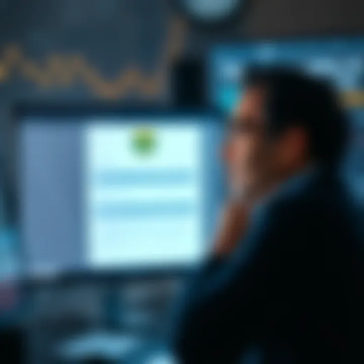 Person reviewing refund information for Solana, looking at a refund form on a computer screen with a thoughtful expression.