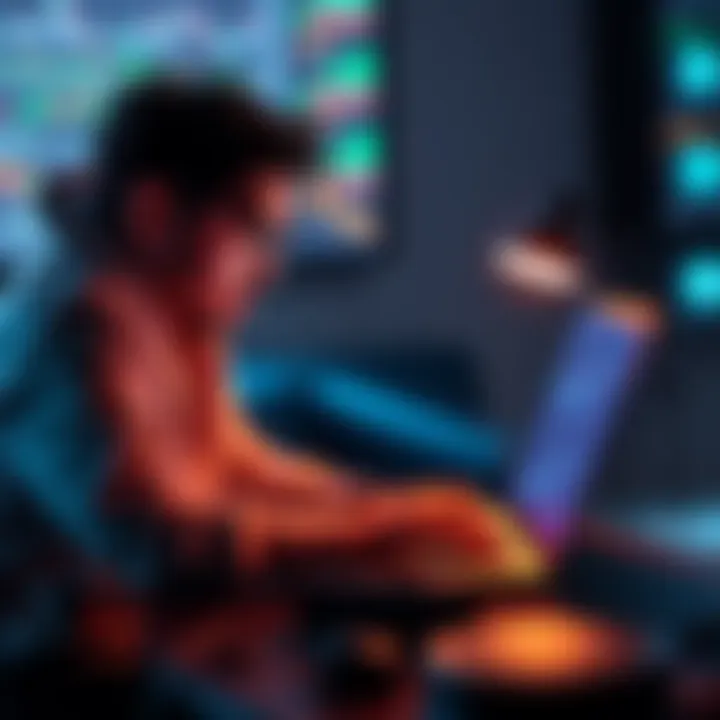 Solo developer working on a laptop, exploring affordable RPC options for Solana MEV bots, with graphs and charts displayed on the screen.